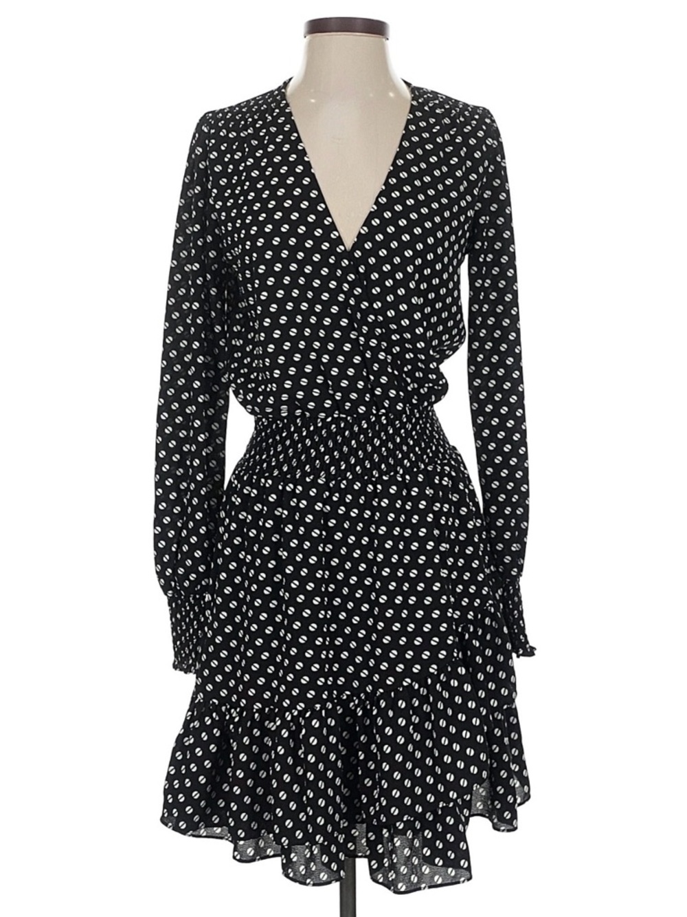 Michael Kors Black Dress with White Polka Dots - Long Sleeve Wrap Midi